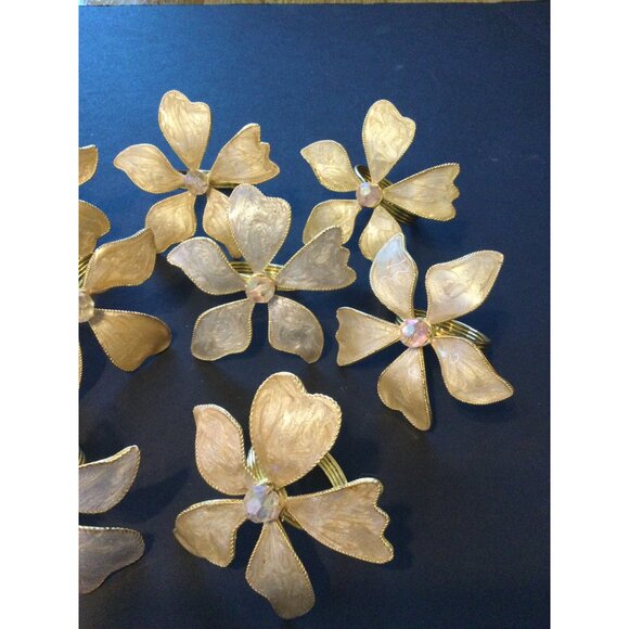 Set of 9 Gold Floral Napkin Rings Flower Jewel Beaded Fancy Table Decor Elegant - Picture 8 of 8